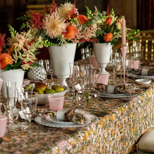 Marble Linen Tablecloth in Green, Rose Pink & Orange