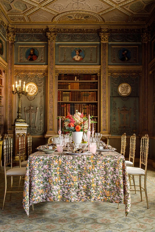 Marble Linen Tablecloth in Green, Rose Pink & Orange