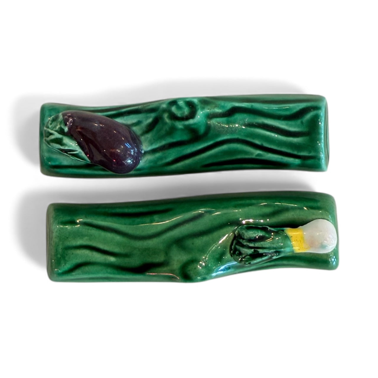 Green Antique French Majolica Knife Rests-Set of 2