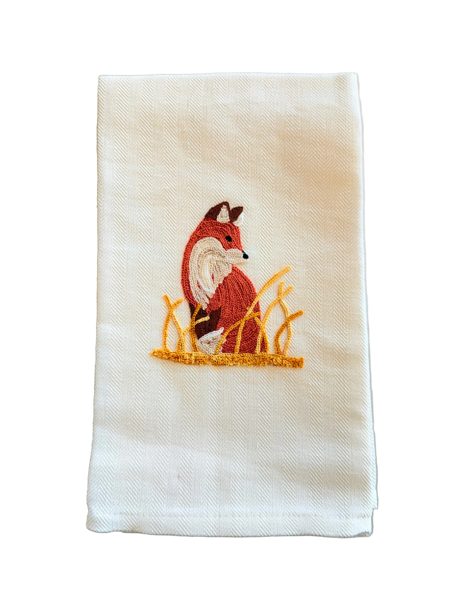 Fox Embroidered Italian Tea Towel