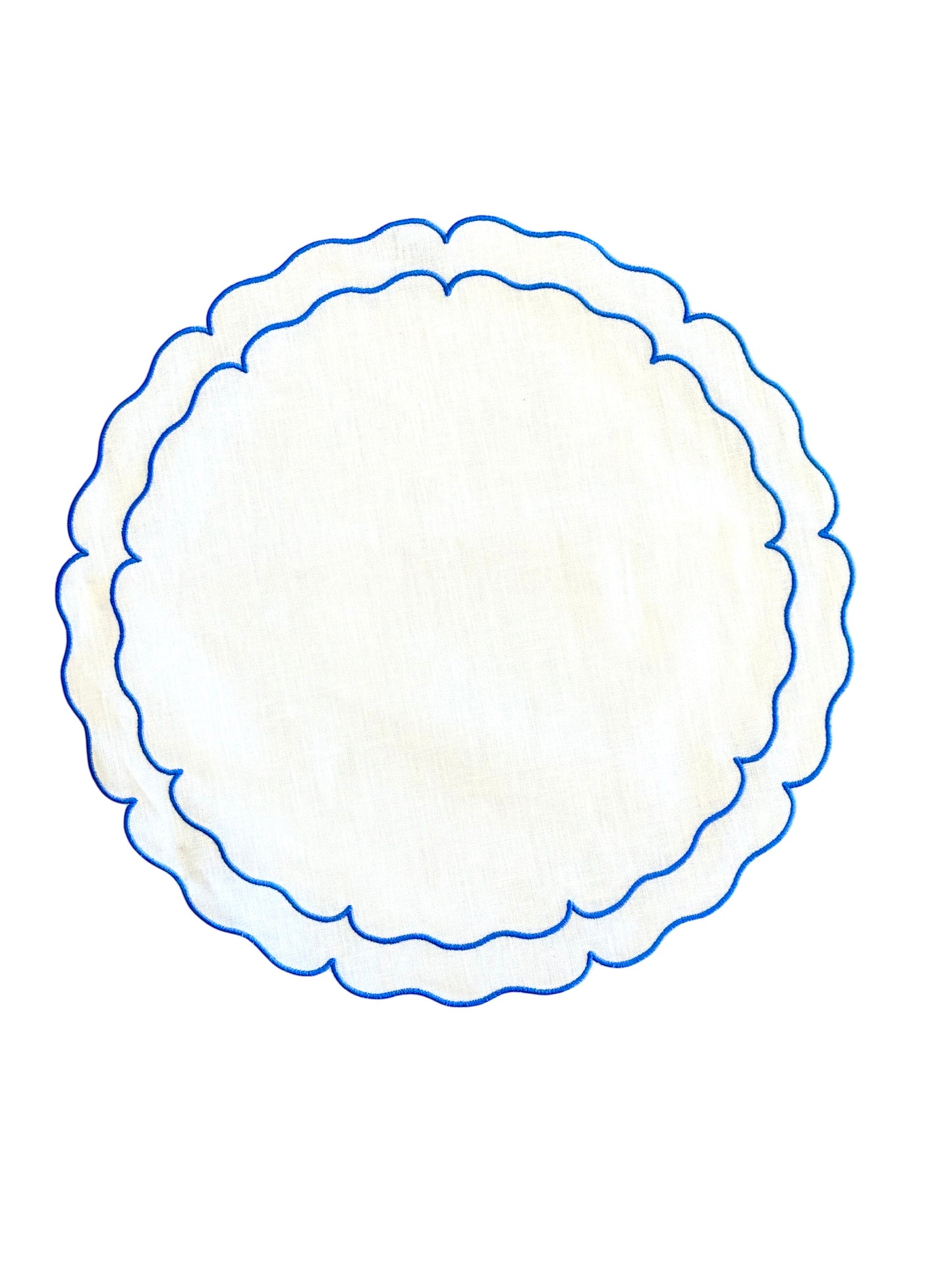 Set of 6 Scalloped Rectangular White and Blue Placemats