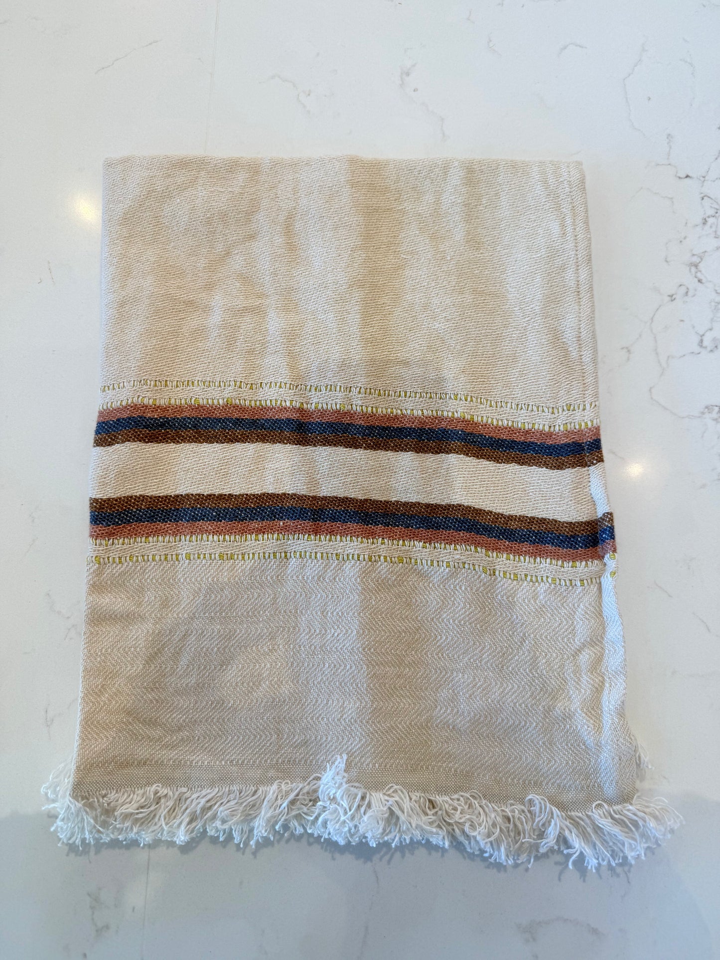 Belgian Linen Guest Towel Navy, Orange and Brown Stripe