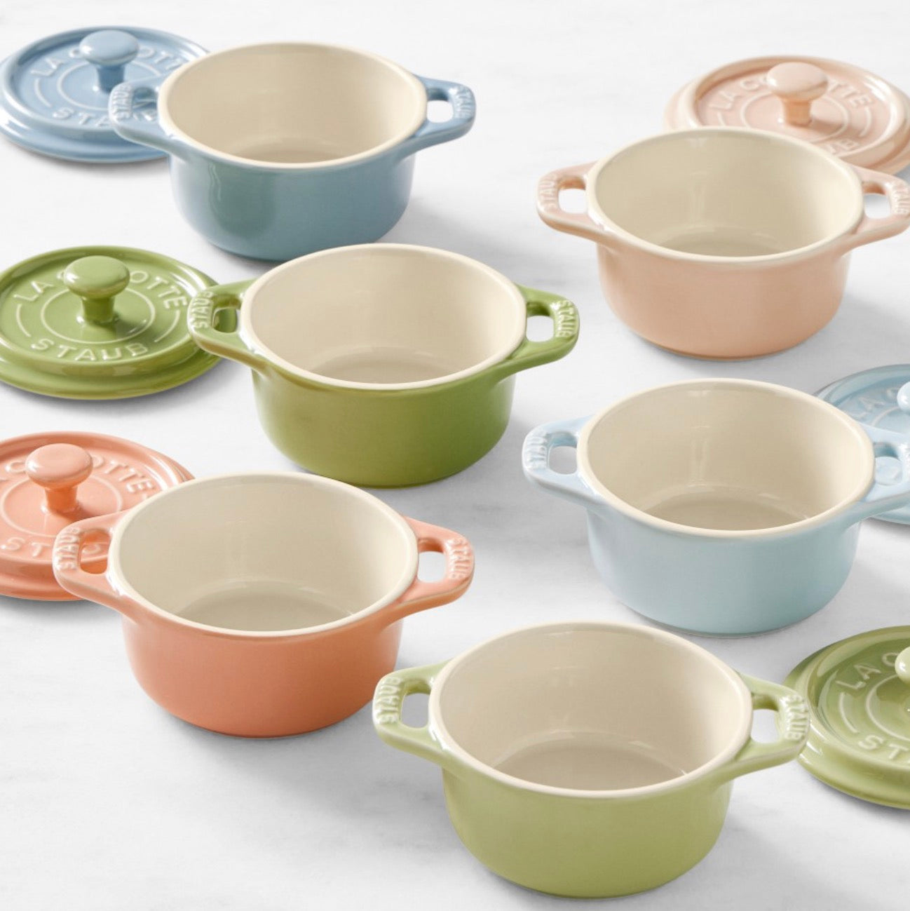 Staub Stoneware 6 piece Mini Cocotte Set .25 qt. In Pastel Colors