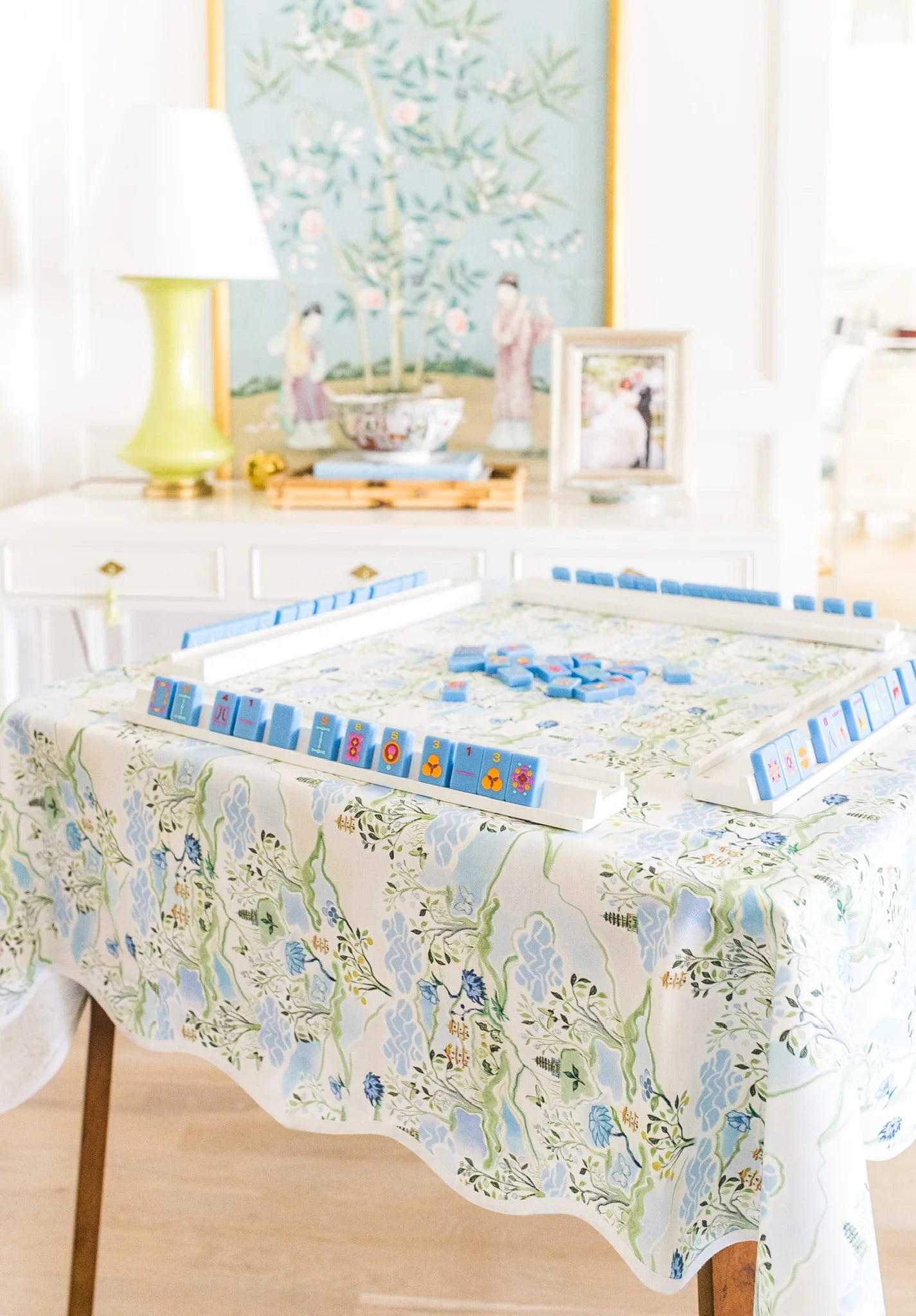 Scalloped Square Table Topper, Blue Pagoda