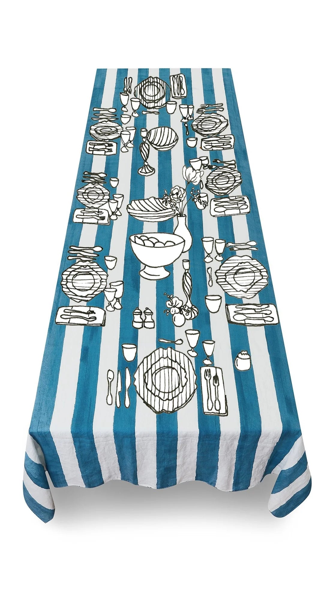 Blue Stripe Linen Tablecloth 65x150”