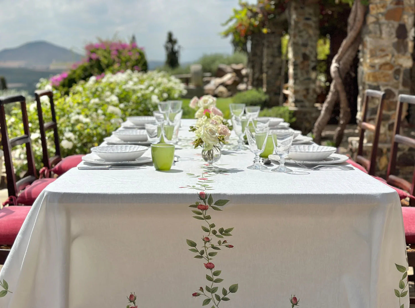 Rose Trellis Linen Tablecloth- 65x150 inches
