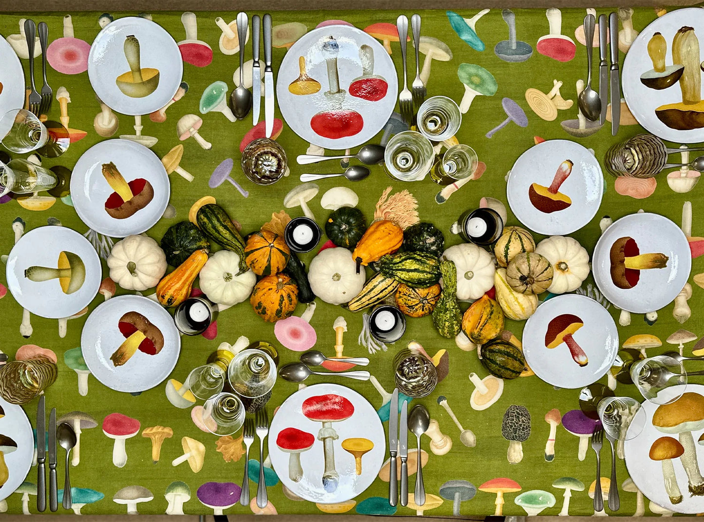 Green fungi Linen Tablecloth 65 x 150”