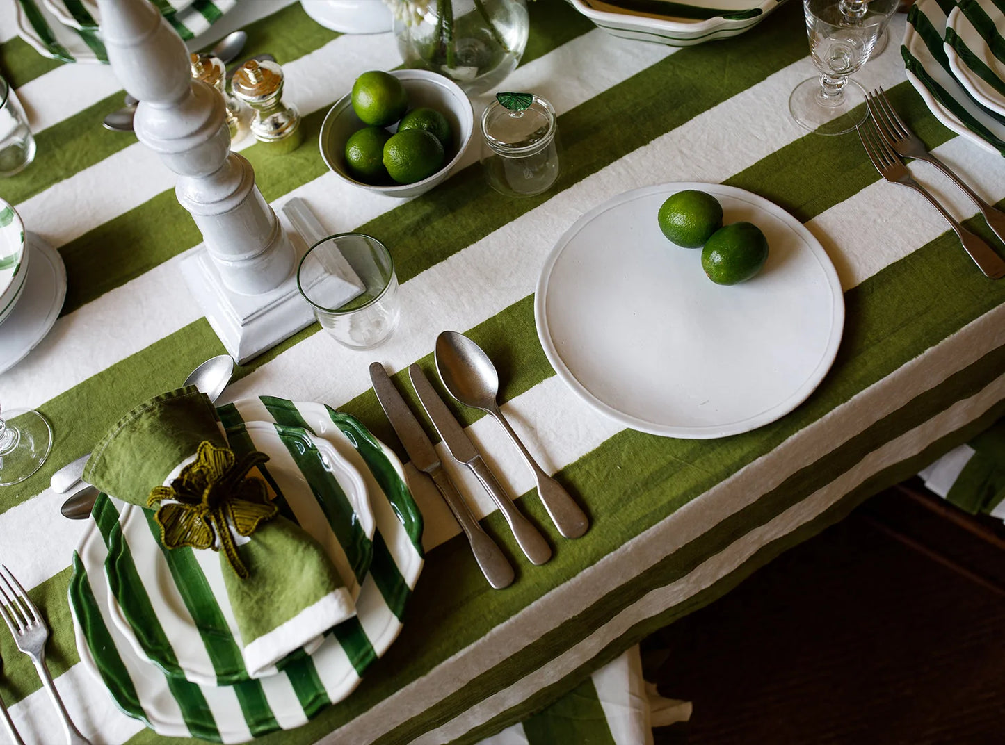 Stripe Linen Tablecloth in Avocado Green 65 x 150”
