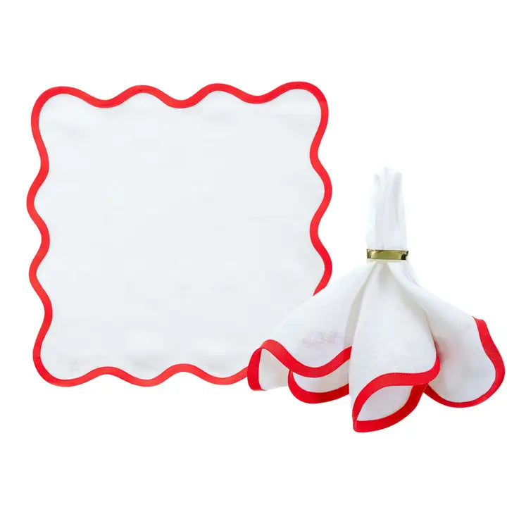 White + Red Linen Scalloped Napkins Set of 4