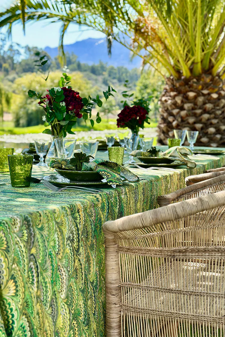 Summerill & Bishop Marble Fan Linen Tablecloth in Green 65”x 150”