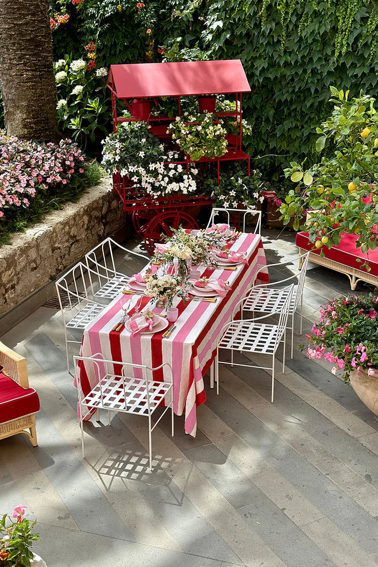 Summerill & Bishop Multi Stripe Linen Tablecloth in Raspberry & Rose Pink 65”x118”