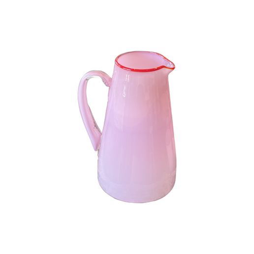 Hand Blown Pitcher Pink W/ Red Rim