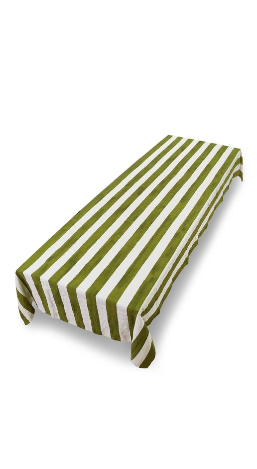 Green Stripe Linen Tablecloth 65"x150"