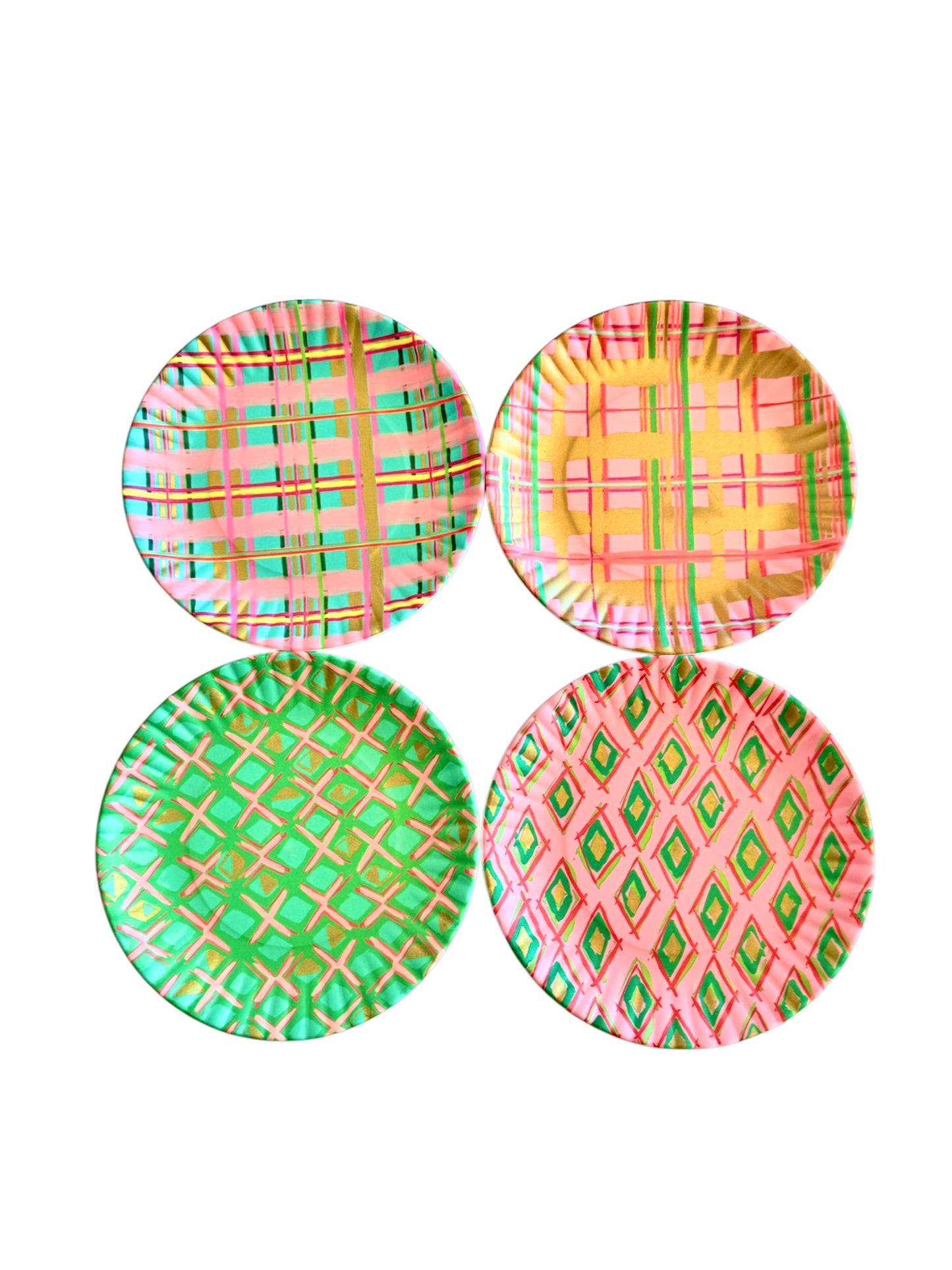 Set of 4 Diamond and Plaid Melamine Plates