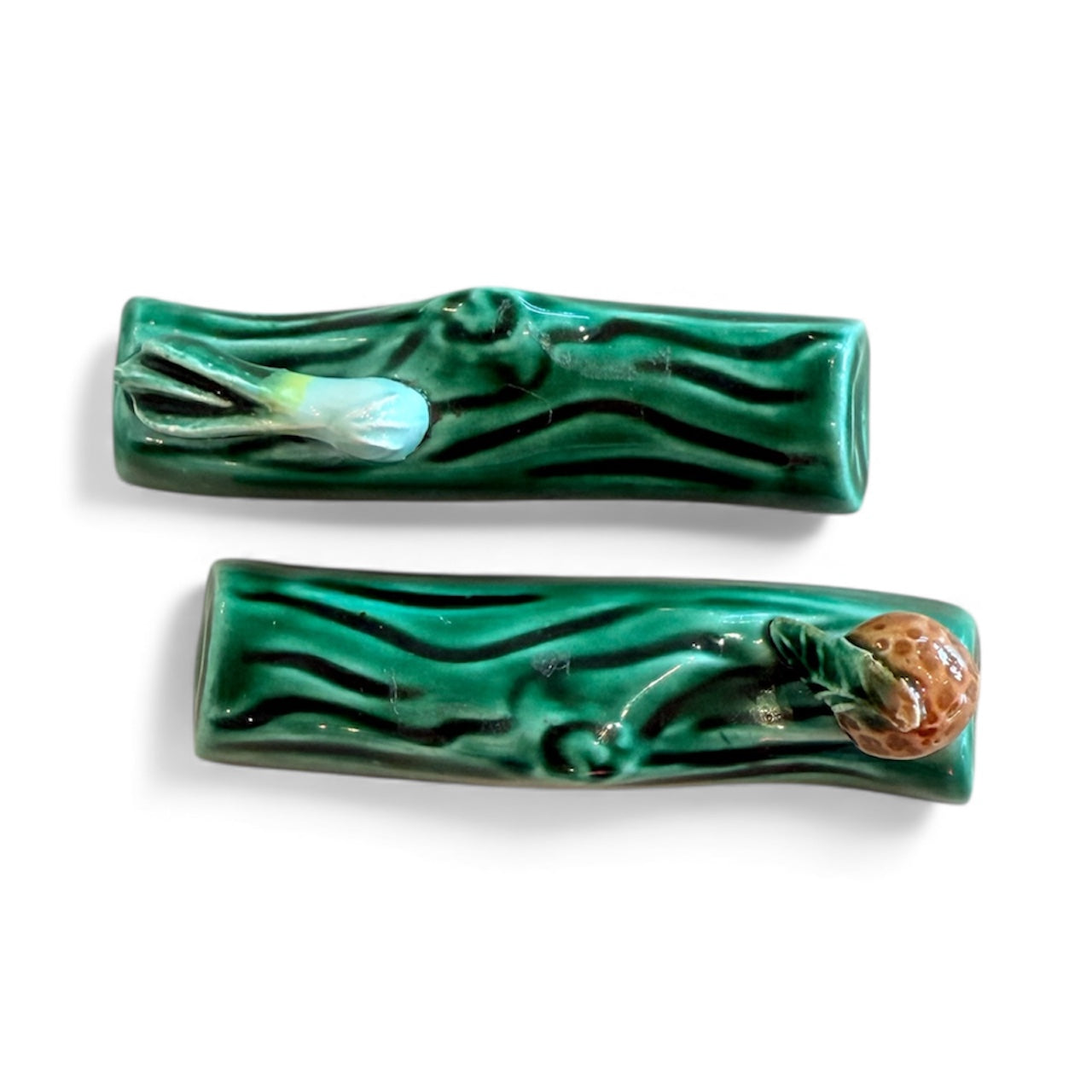 Green Antique French Majolica Knife Rests-Set of 2