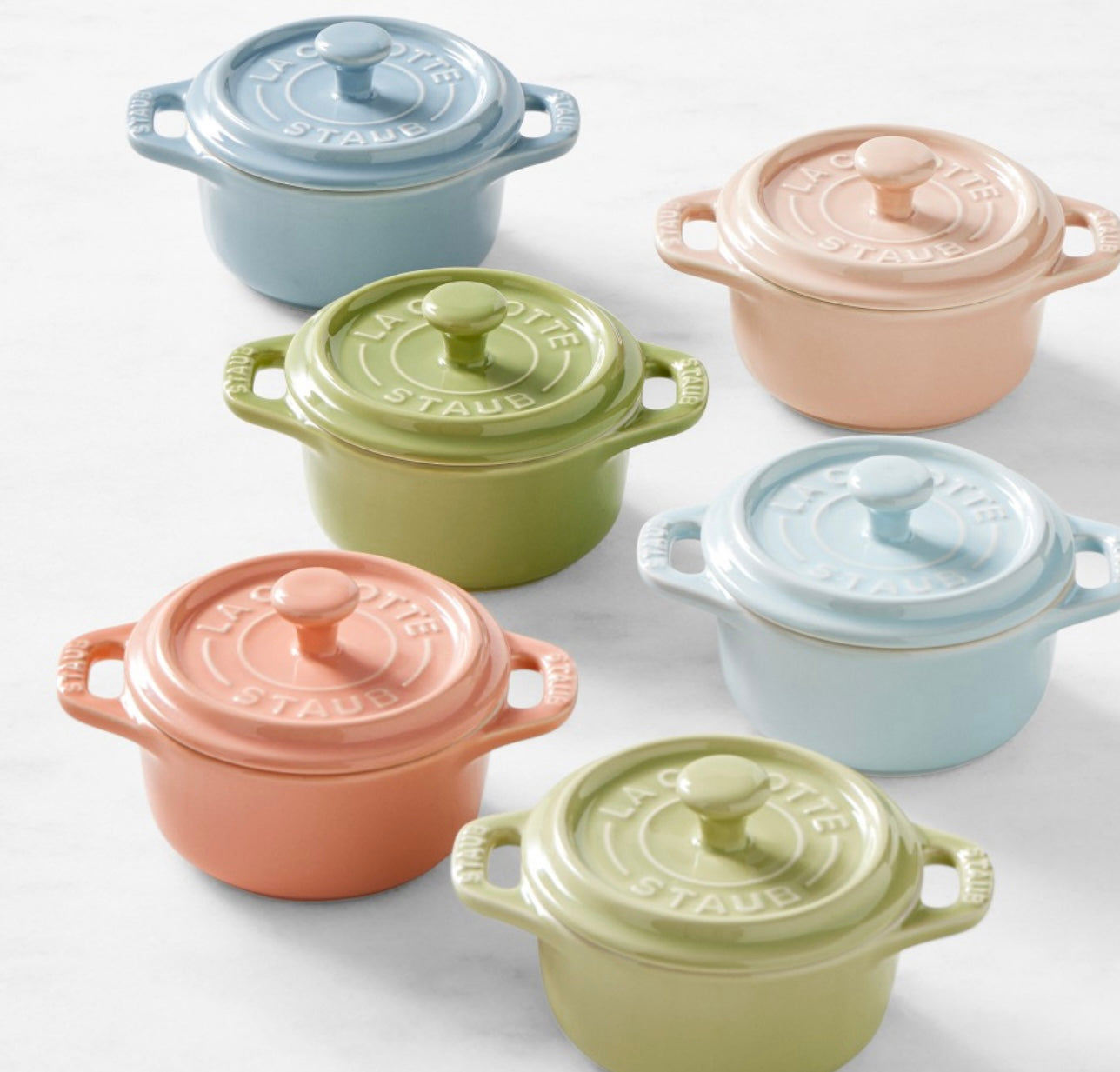 Staub Stoneware 6 piece Mini Cocotte Set .25 qt. In Pastel Colors