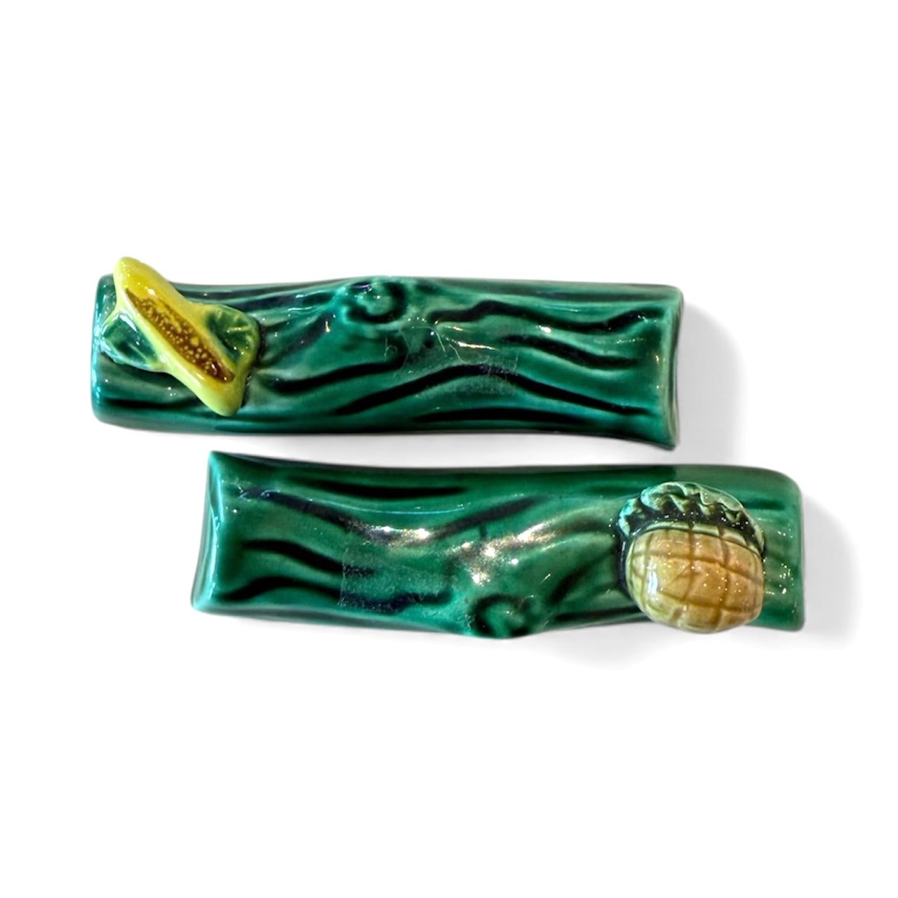 Green Antique French Majolica Knife Rests-Set of 2