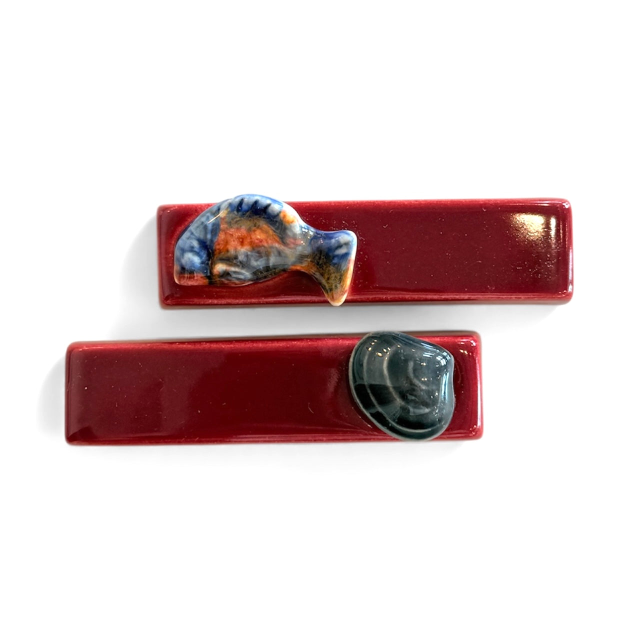 Red Antique French Majolica Knife Rests-Set of 2