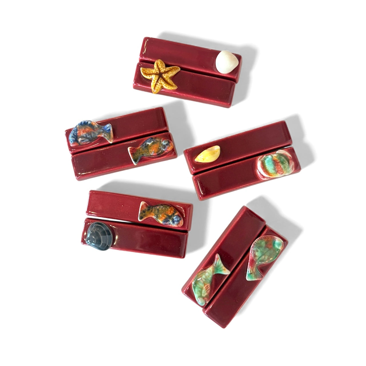 Red Antique French Majolica Knife Rests-Set of 2