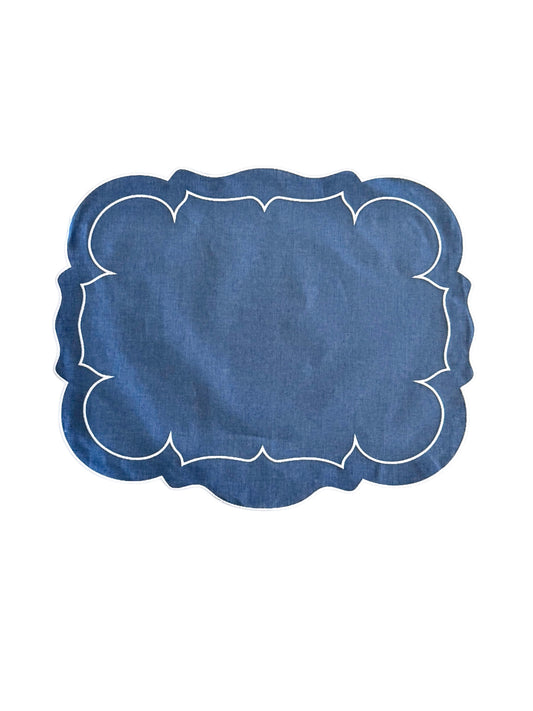 Set of 6 Scalloped Rectangular Placemats in Blue