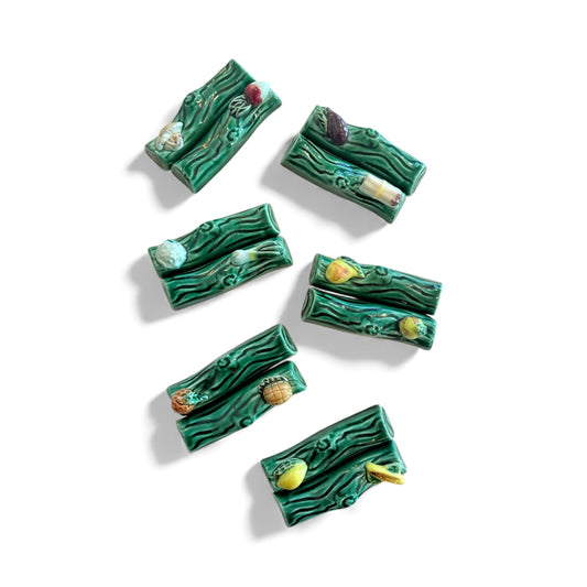 Green Antique French Majolica Knife Rests-Set of 2