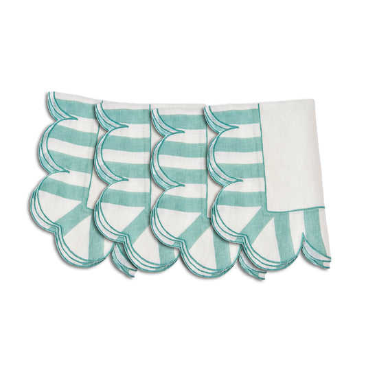 Green Scalloped Stripe Linen Napkins S/4