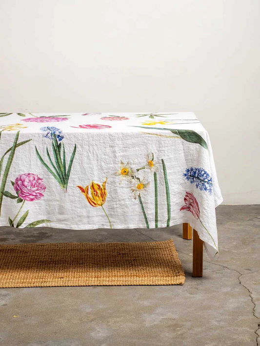 67x130in Early Flowers Linen Tablecloth