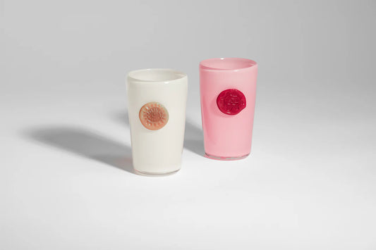 Helle Mardahl Monogram Glass set of 2 in Coconut and Soft Peach and Bubblegum and Chili Red