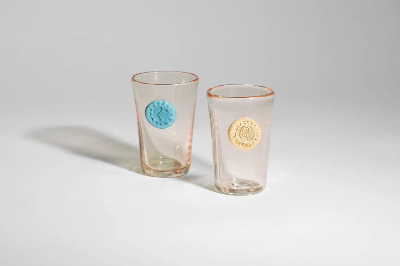 Helle Mardahl Monogram Glass set of 2 Pink Punch and Blue Mint and Pink Punch and Butter