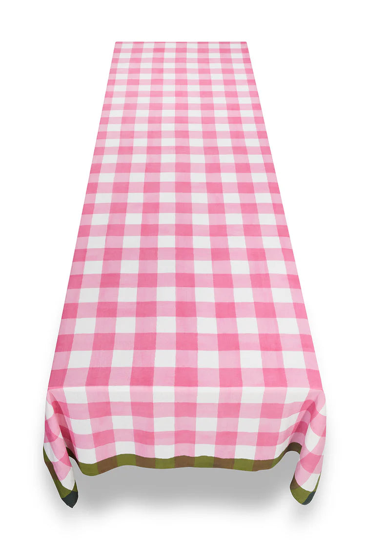 Summerill and Bishop Rose Pink with Green Trim Gingham Tablecloth 65x150"