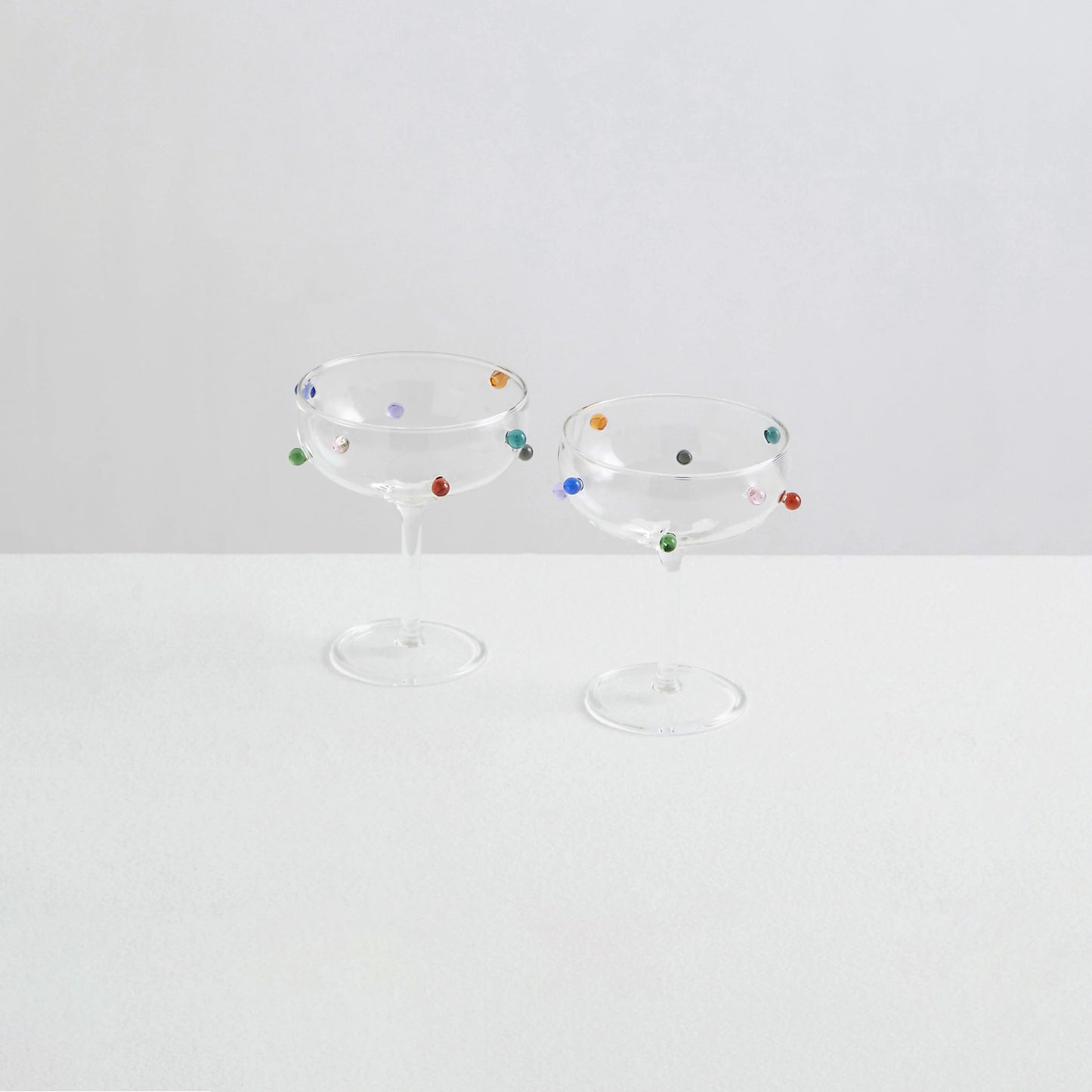 Pomponette Coupes Clear Glass with Multi Colored Accents - Set of 2