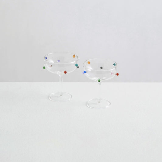 Pomponette Coupes Clear Glass with Multi Colored Accents - Set of 2