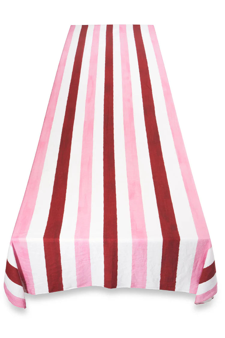 Summerill & Bishop Multi Stripe Linen Tablecloth in Raspberry & Rose Pink 65”x118”