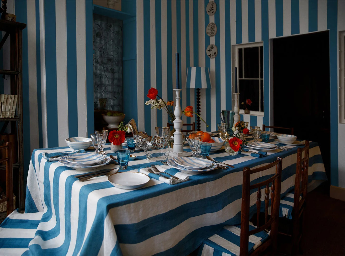 Summerill and Bishop Blue Stripe Linen Tablecloth 65x150”