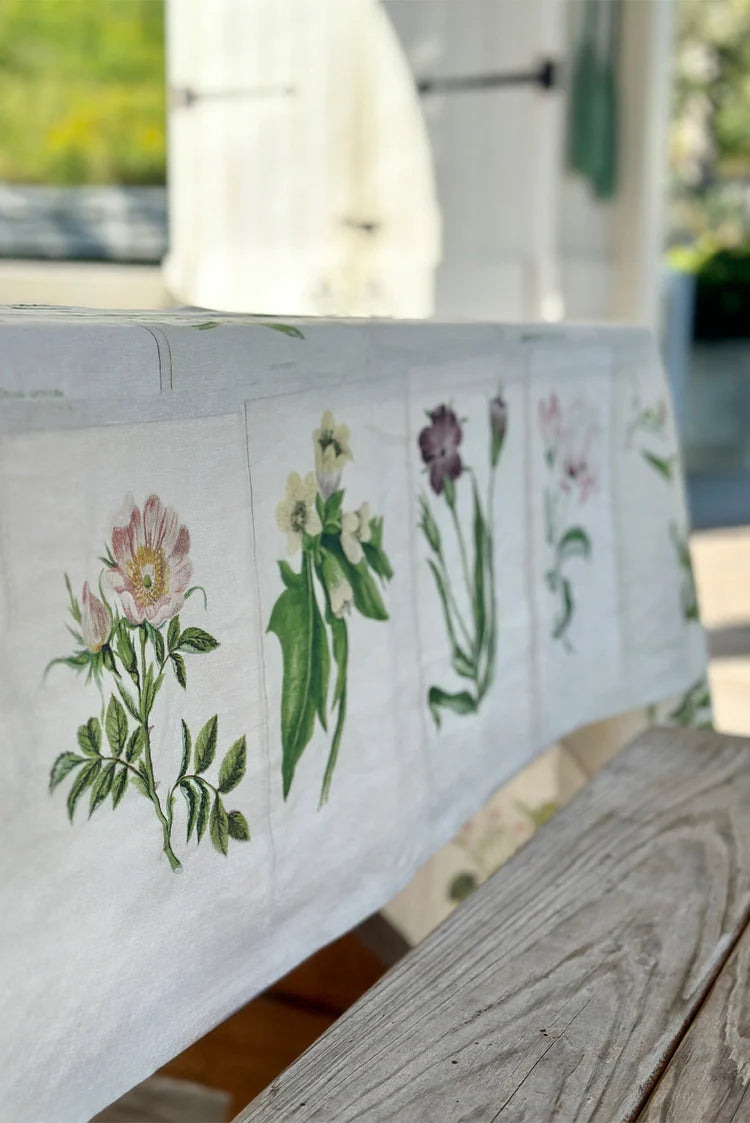 S&B x John Derian 'Botanical Tiles' Linen Tablecloth 65 x 118”