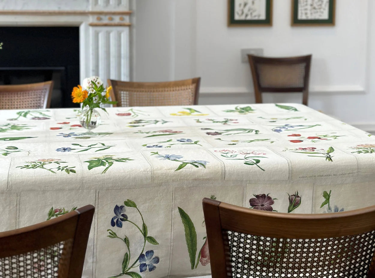 S&B x John Derian 'Botanical Tiles' Linen Tablecloth 65 x 118”