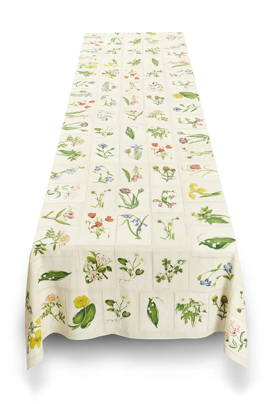S&B x John Derian 'Botanical Tiles' Linen Tablecloth 65 x 150”