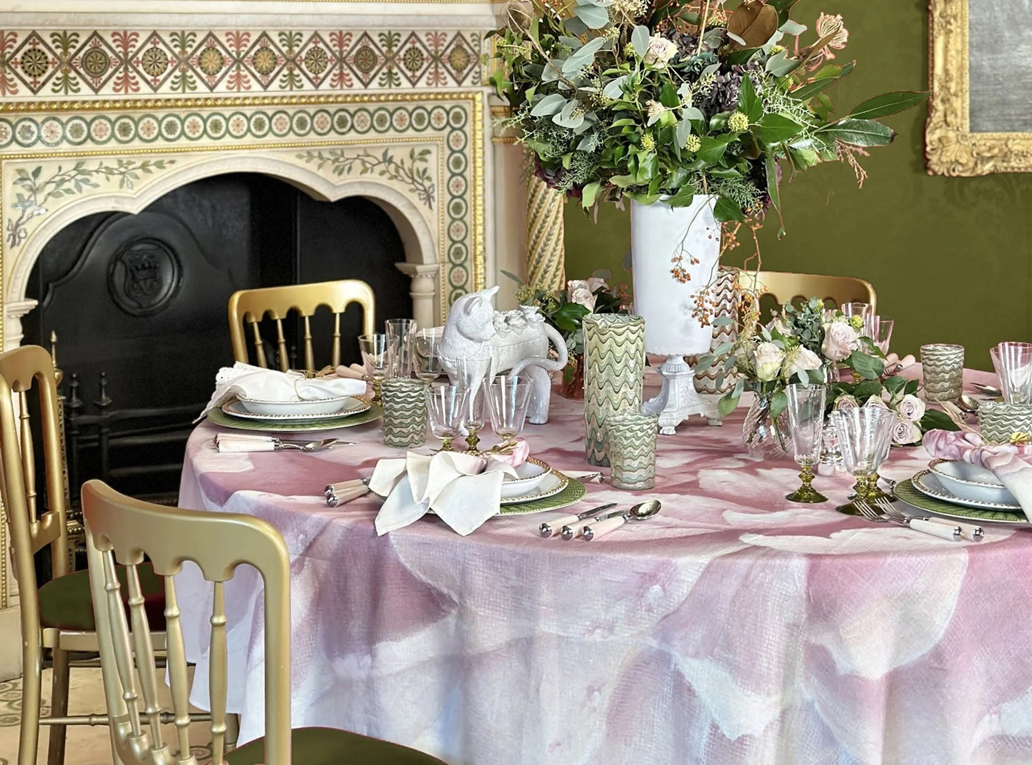 Pink Painted Peony Round Linen Tablecloth