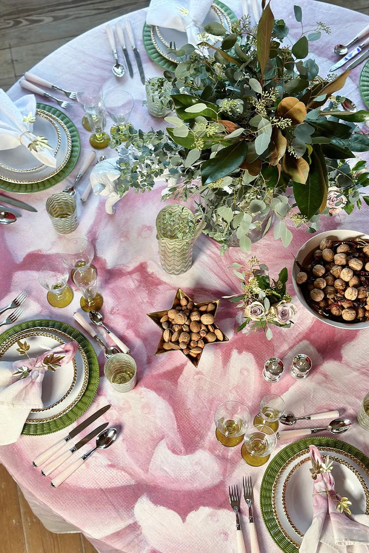 Pink Painted Peony Round Linen Tablecloth